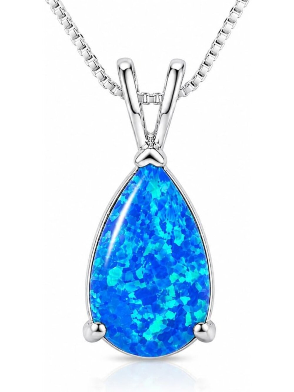 Ocean-Inspired Blue Fire Opal Teardrop Pendant Necklace, Silver Plated, 18